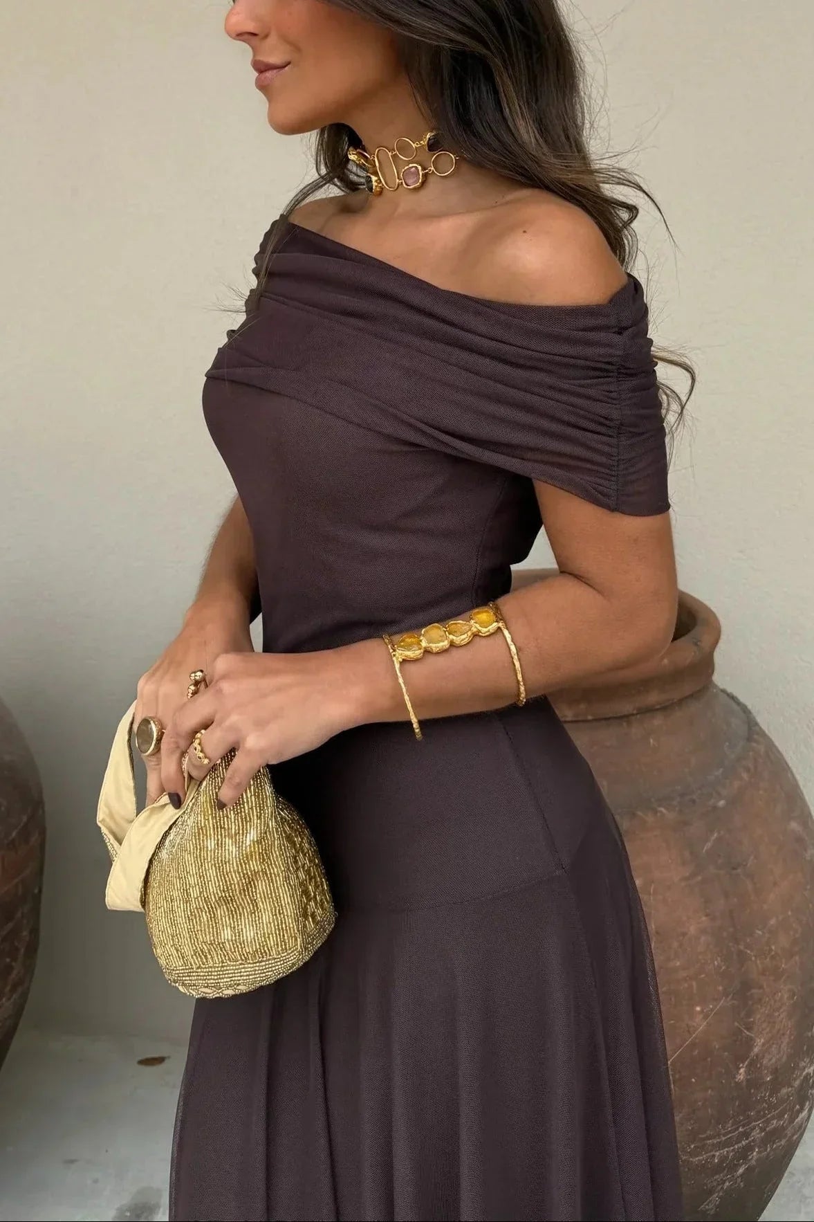 Pleated one-shoulder maxi dress