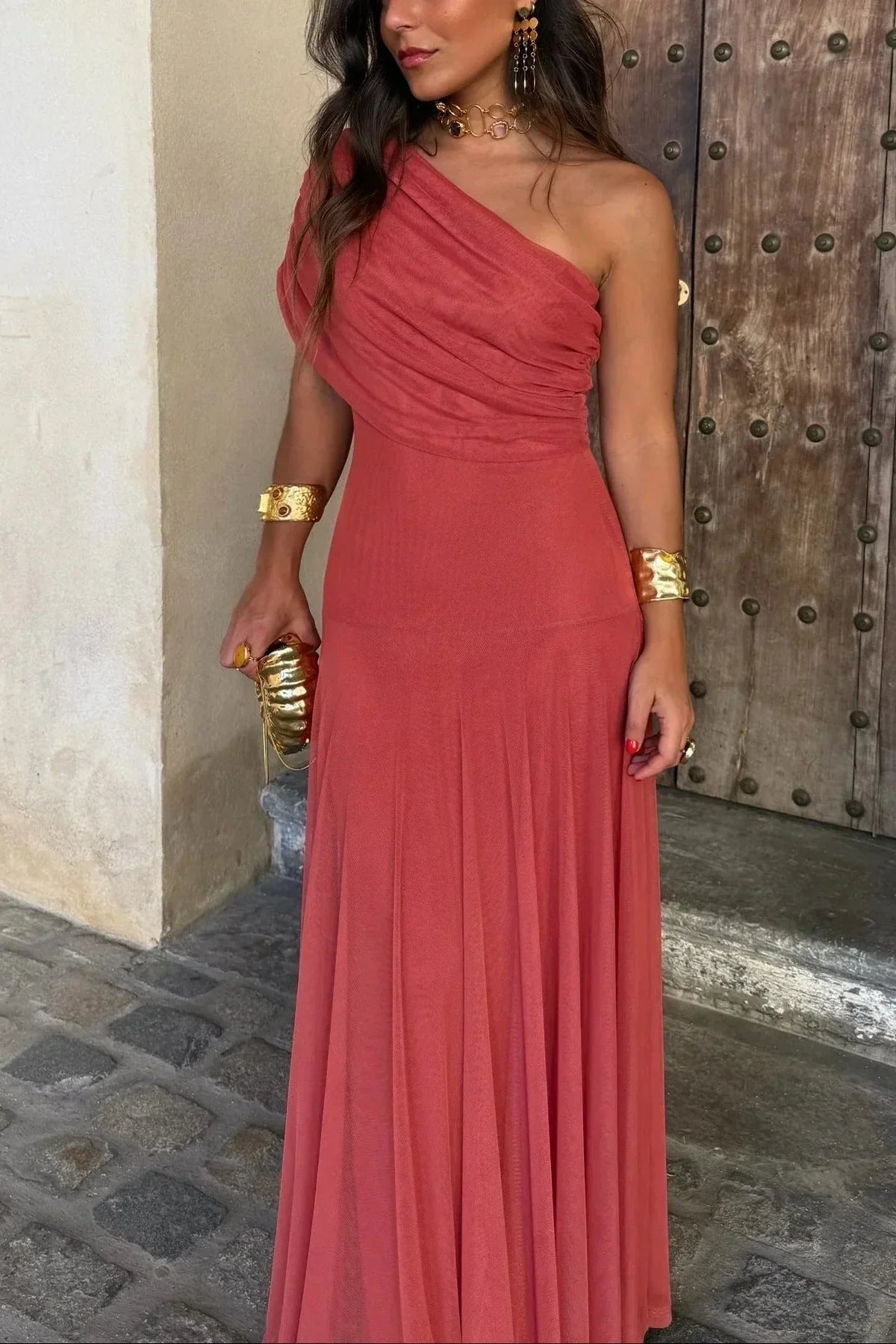One-shoulder pleated maxi dress front view
