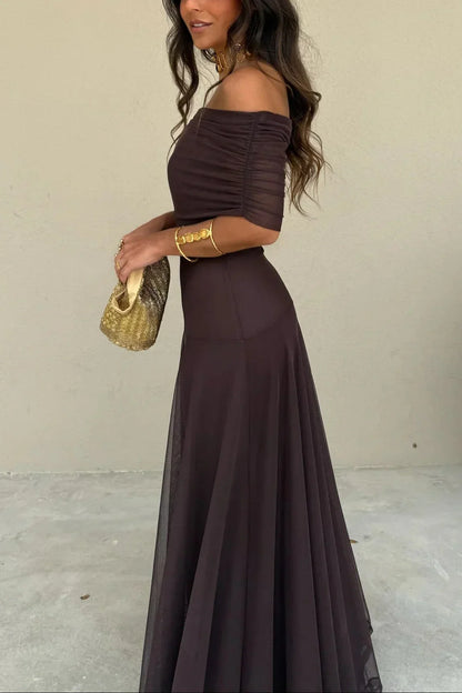One-shoulder pleated summer maxi dress