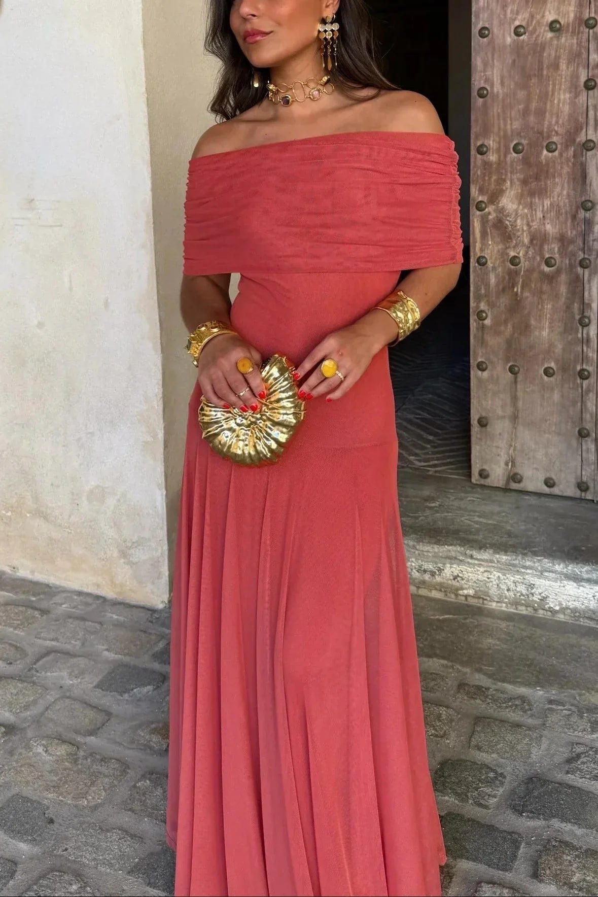 Red one-shoulder pleated maxi dress