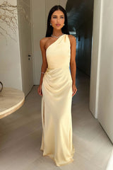 Beige asymmetrical one-shoulder maxi dress with slit