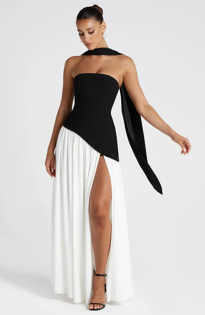 Doris | Structured Strapless Maxi Dress with High Slit