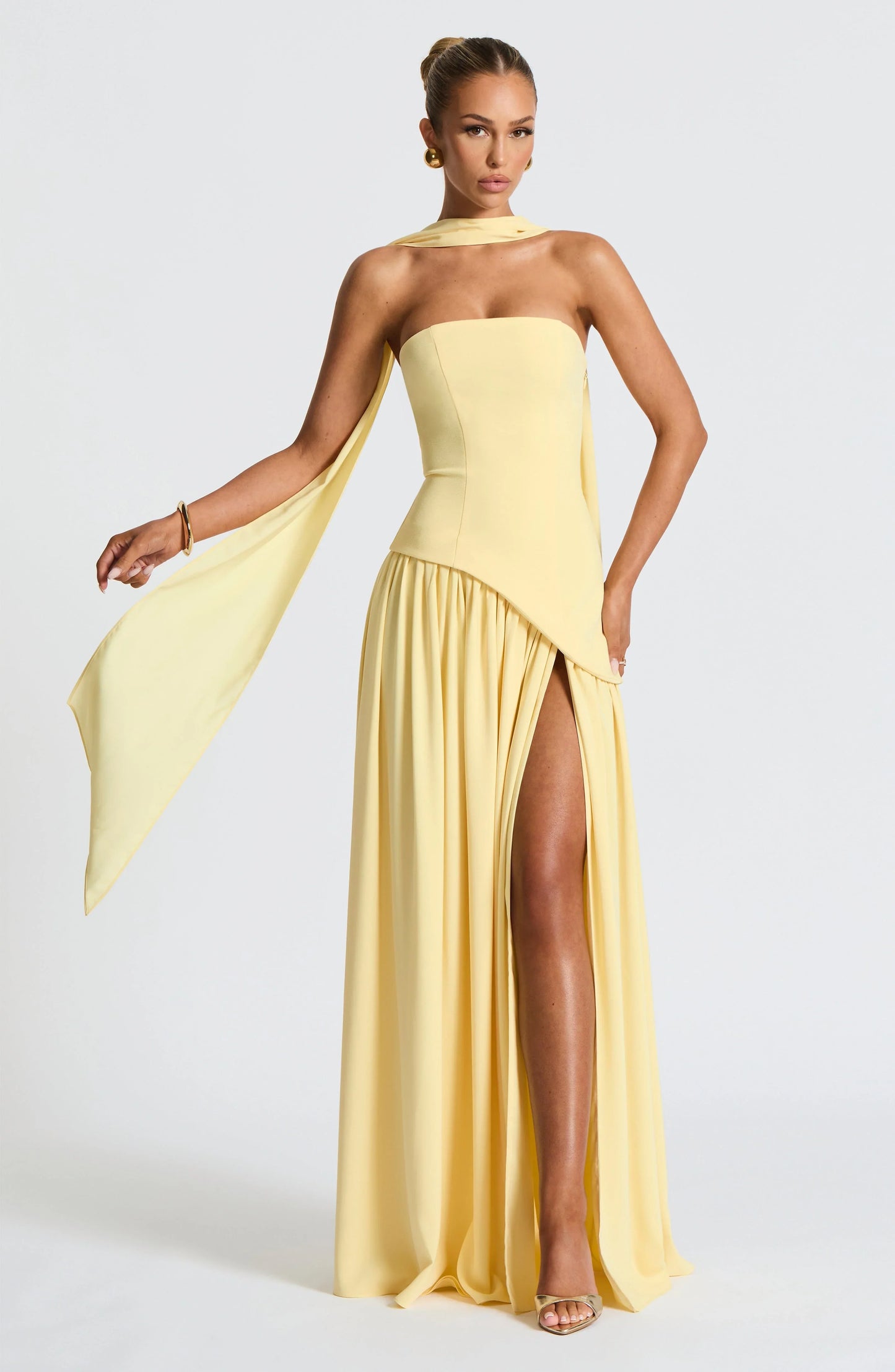 Doris | Structured Strapless Maxi Dress with High Slit