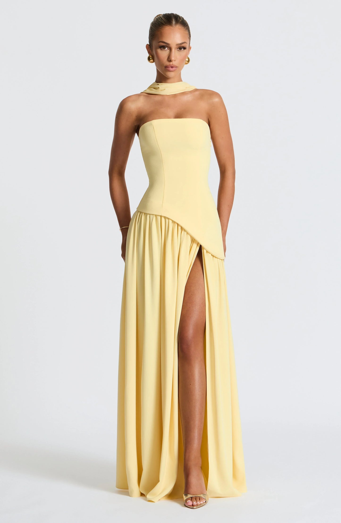 Doris | Structured Strapless Maxi Dress with High Slit