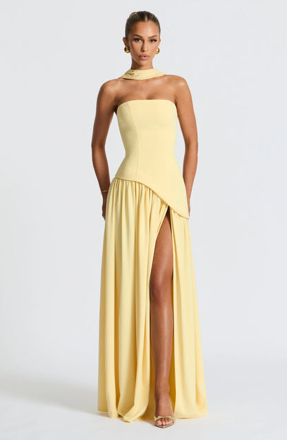 Doris | Structured Strapless Maxi Dress with High Slit