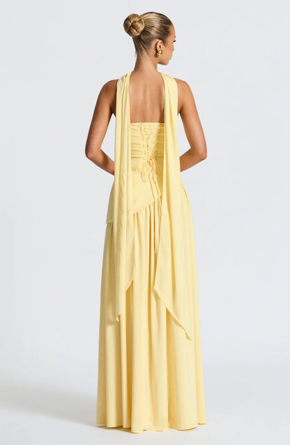 Doris | Structured Strapless Maxi Dress with High Slit
