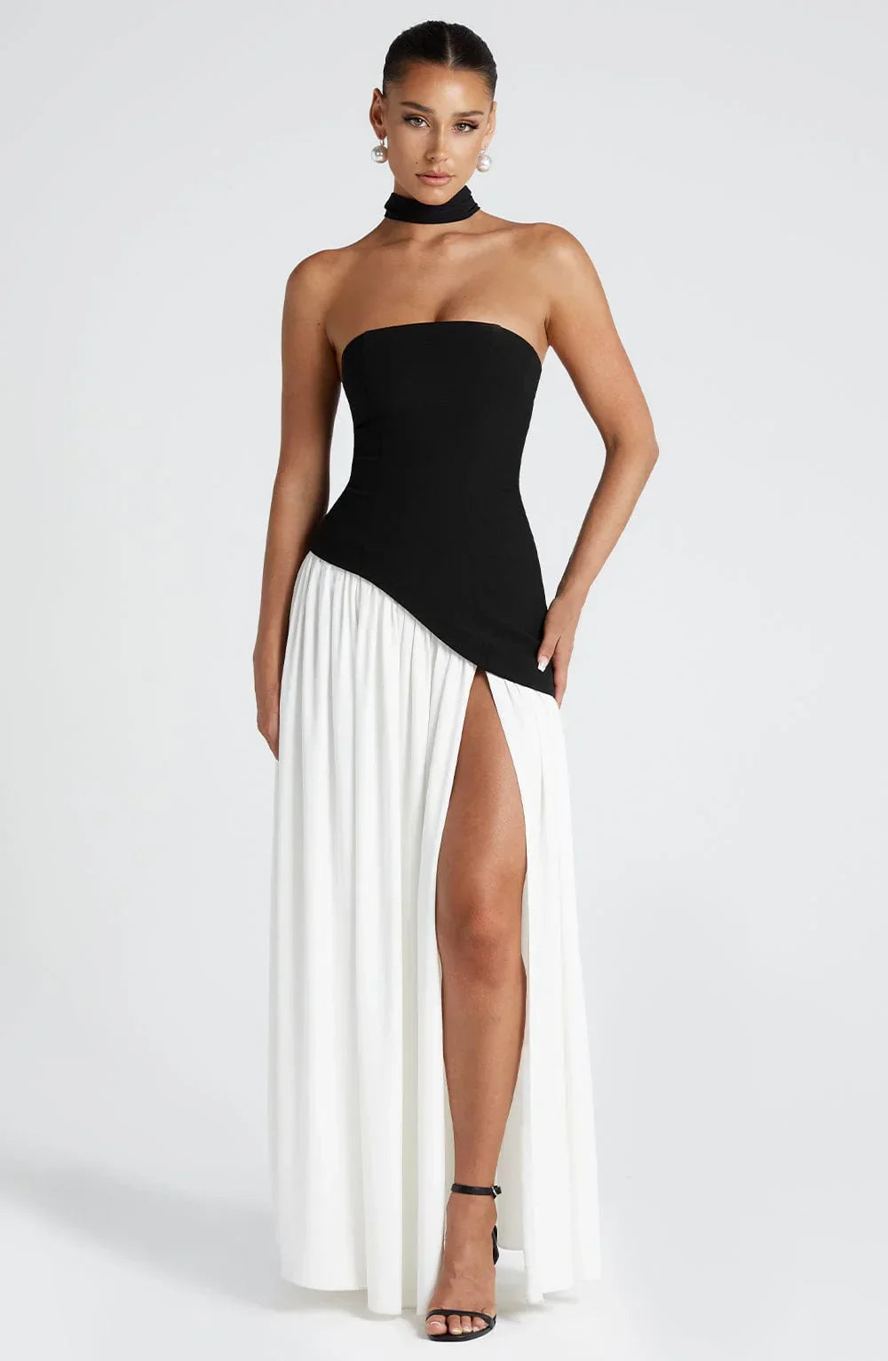 Doris | Structured Strapless Maxi Dress with High Slit