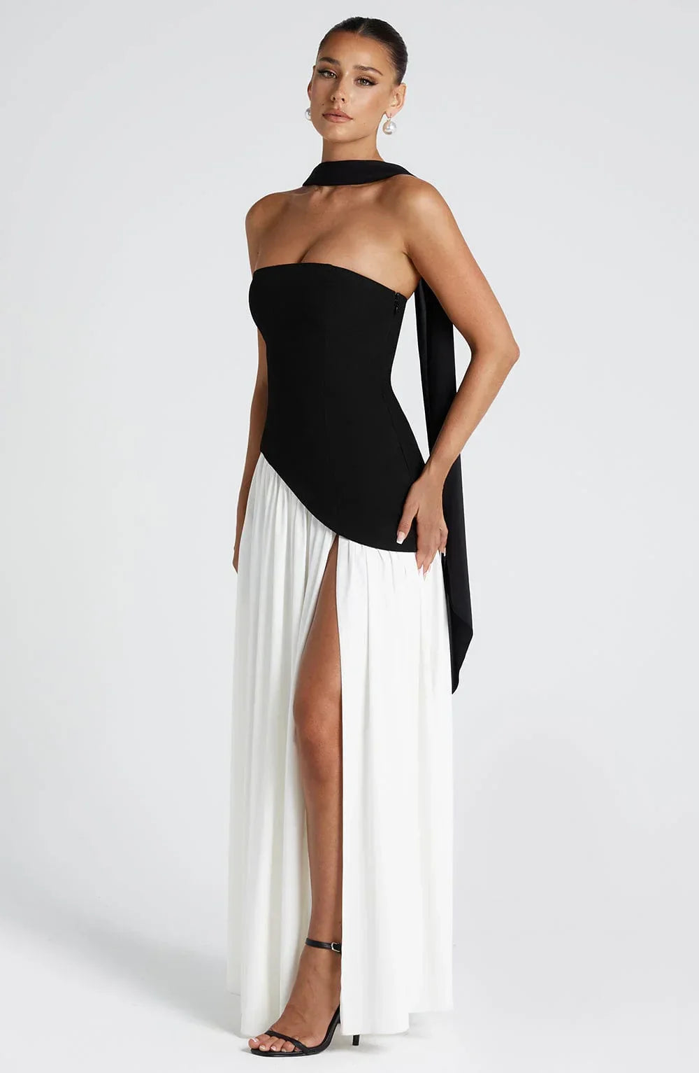 Doris | Structured Strapless Maxi Dress with High Slit