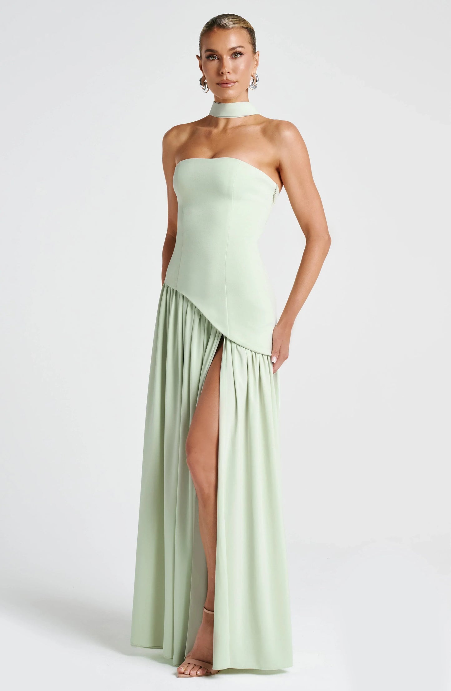 Doris | Structured Strapless Maxi Dress with High Slit