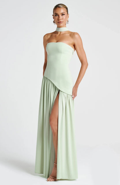 Doris | Structured Strapless Maxi Dress with High Slit