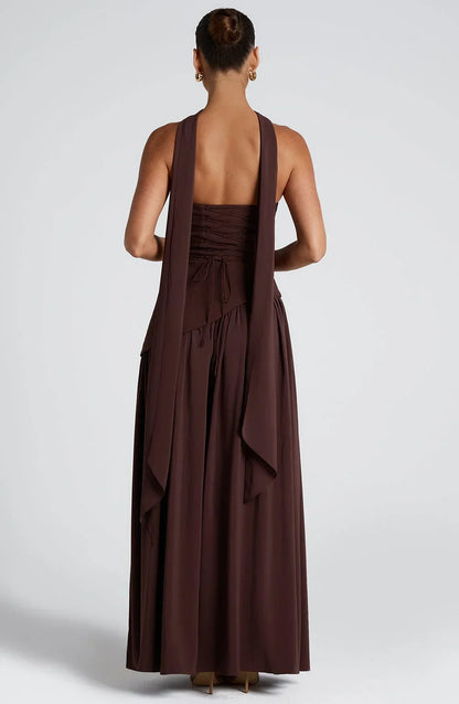 Structured bodice maxi dress with high slit
