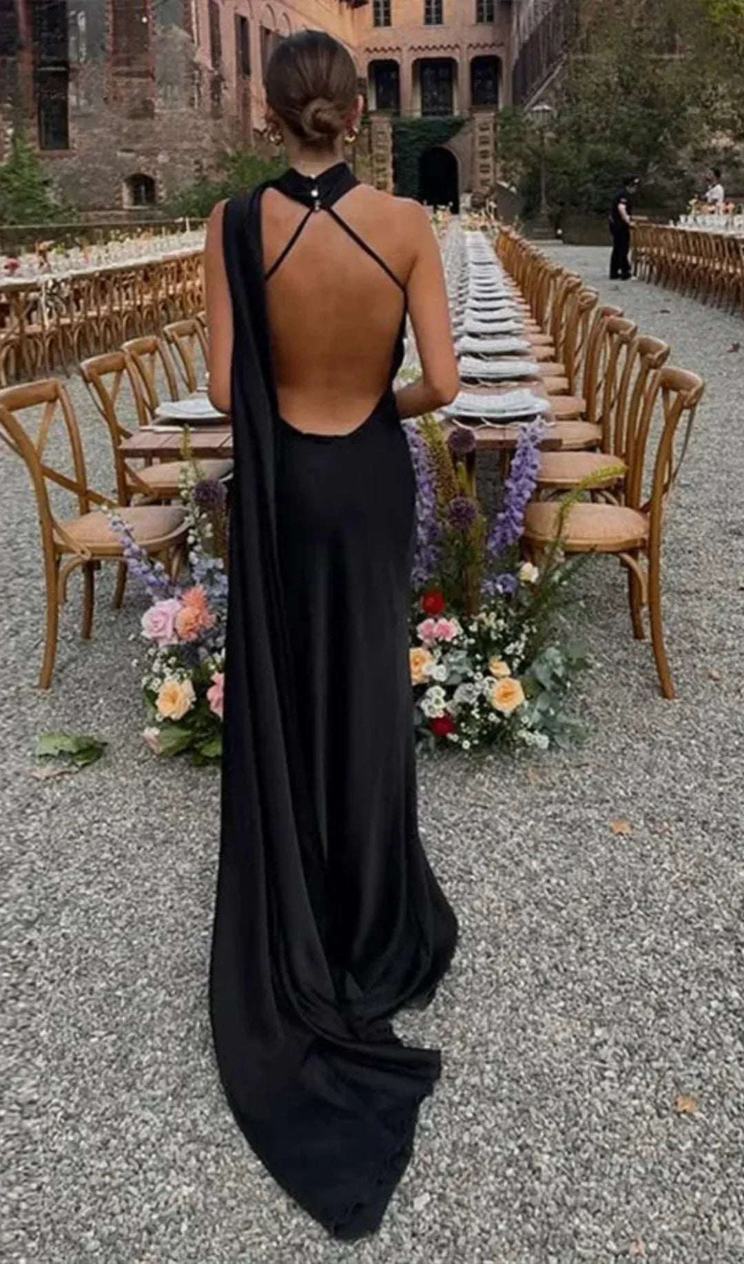 Draped one-shoulder maxi dress front view