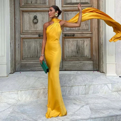 Yellow draped one-shoulder maxi dress