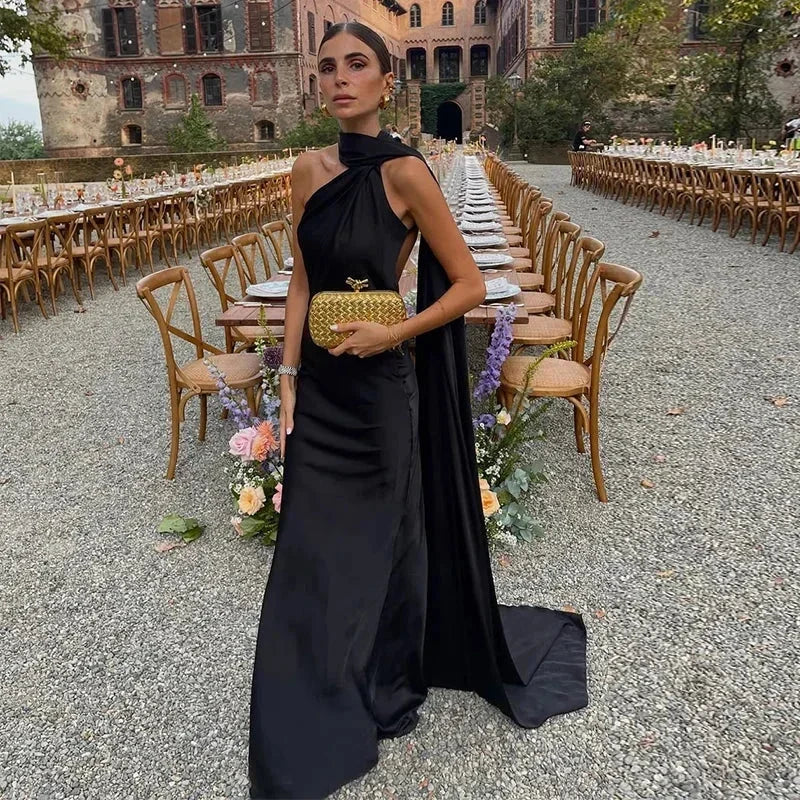 Black draped one-shoulder maxi dress