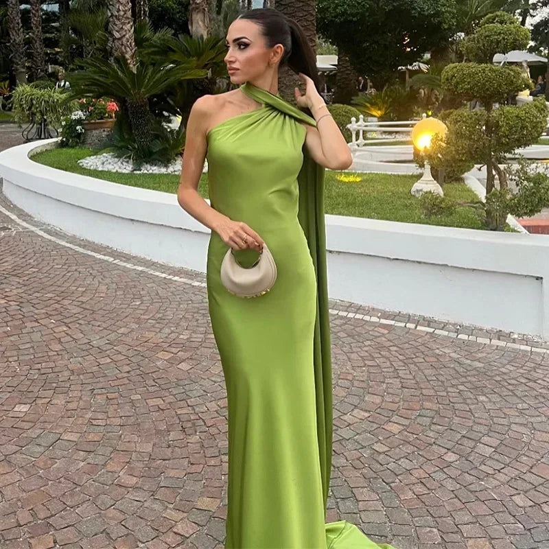 Green draped one-shoulder maxi dress