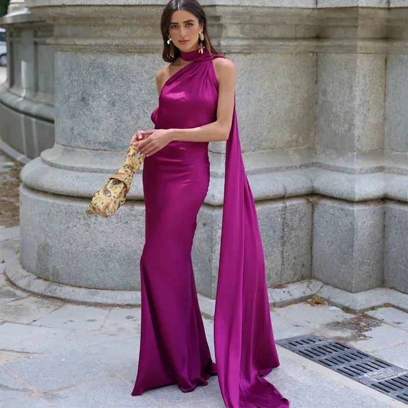 Purple draped one-shoulder maxi dress