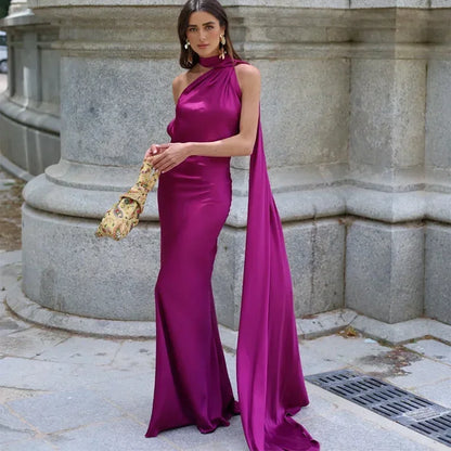 Purple draped one-shoulder maxi dress