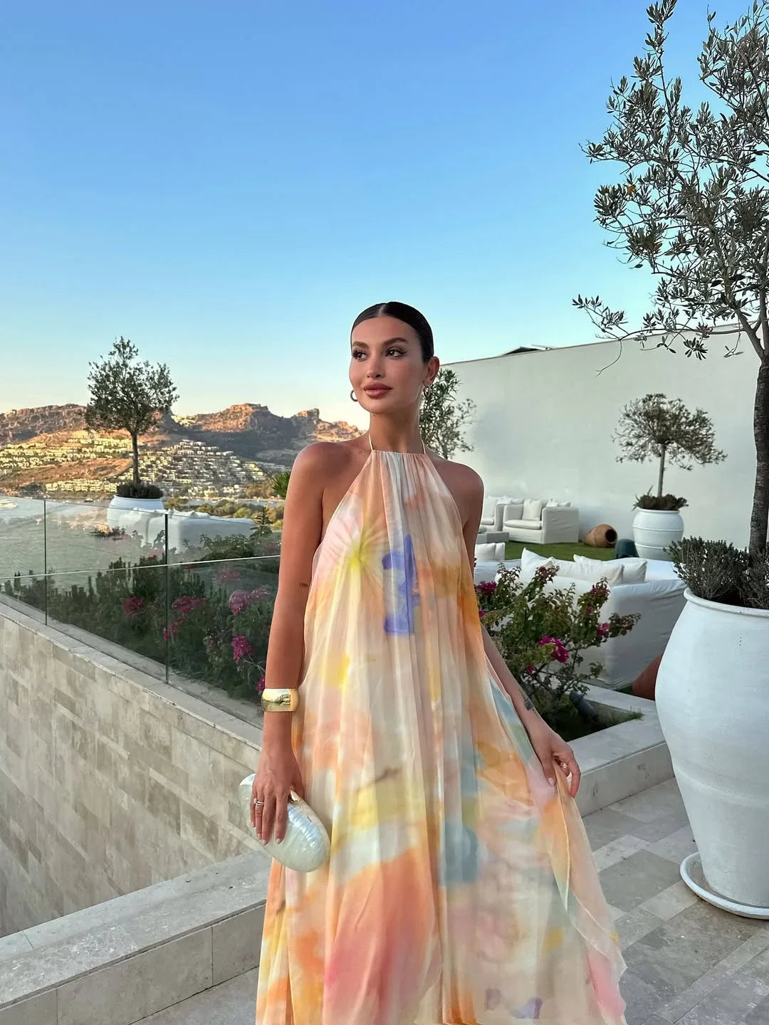 Flowing printed maxi dress front view