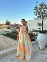 Printed open-back maxi dress in orange