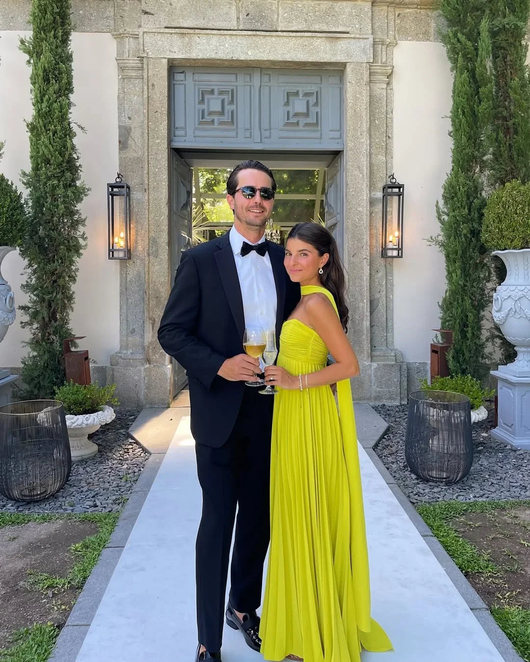 Yellow pleated maxi dress front view
