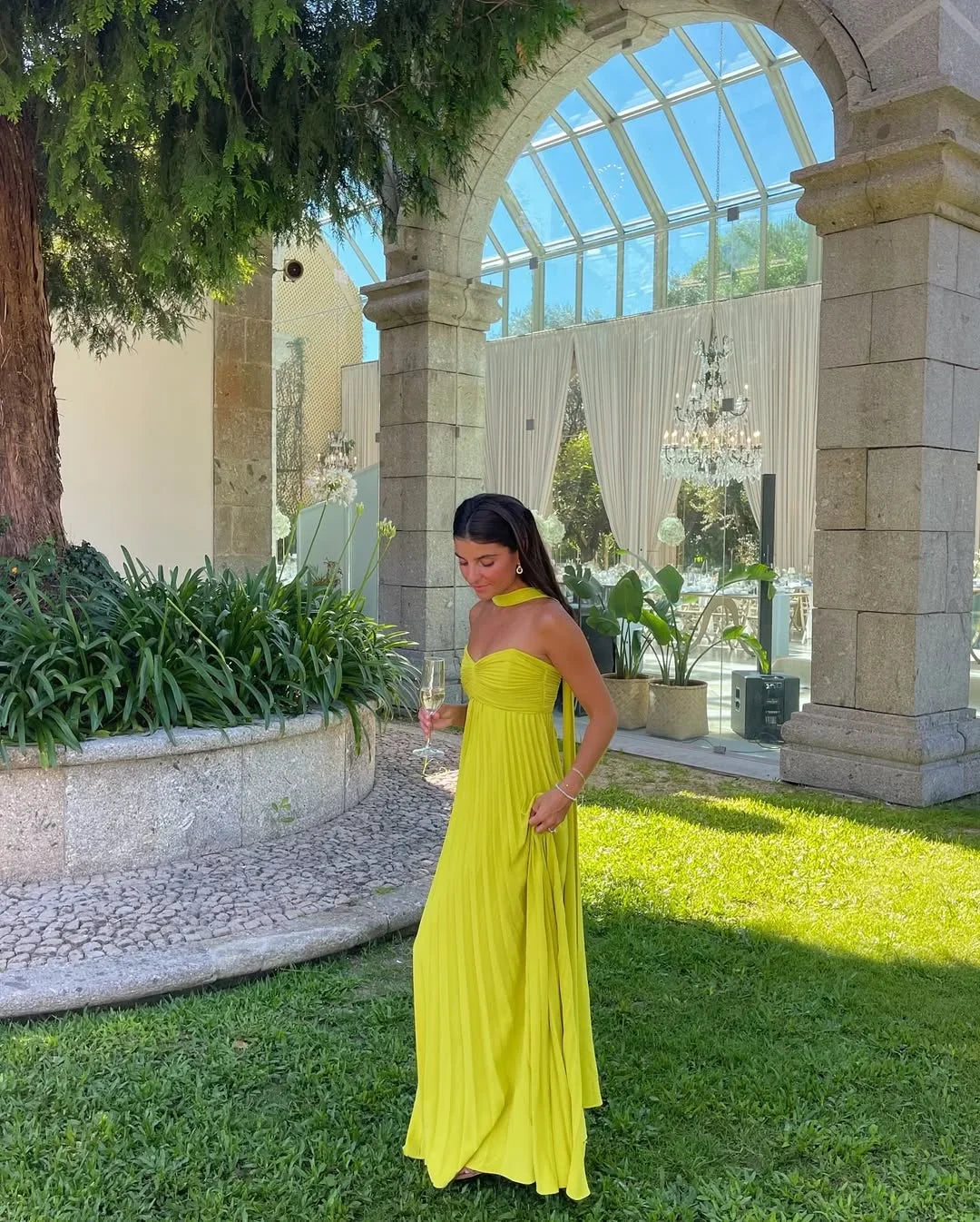 Yellow pleated maxi dress
