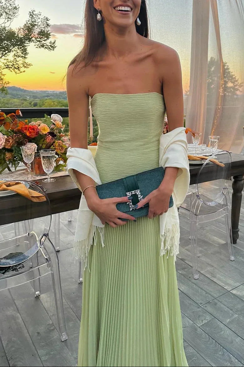 Green pleated evening maxi dress