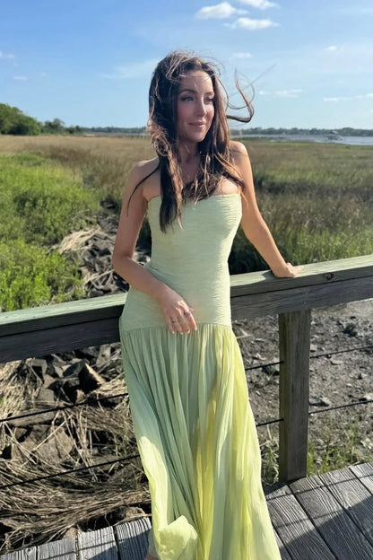 Green pleated maxi dress side view