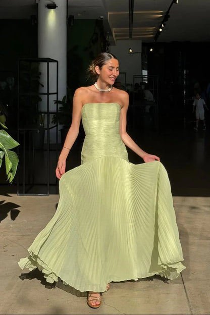 Pleated green maxi dress for weddings