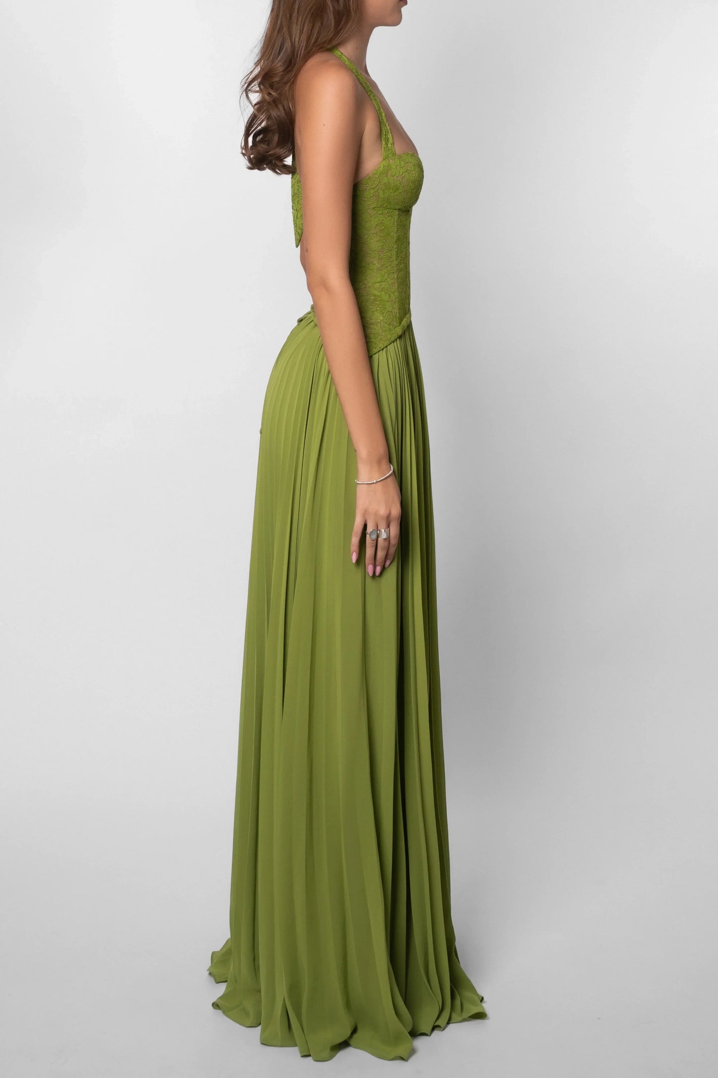 Green pleated evening maxi dress