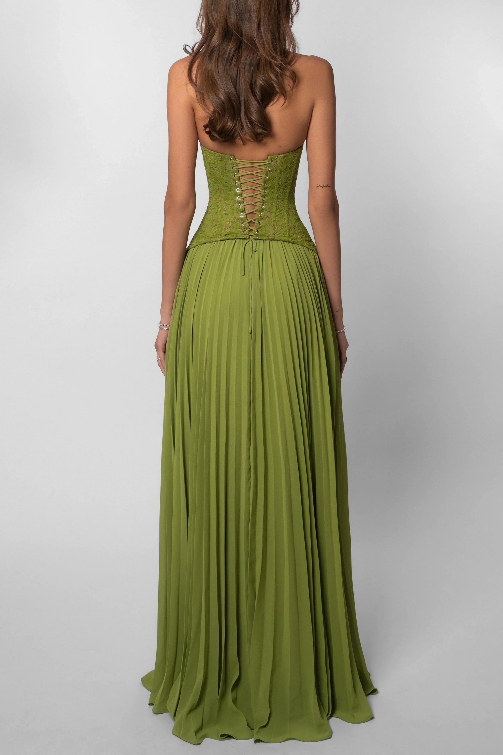 Green fitted pleated maxi dress