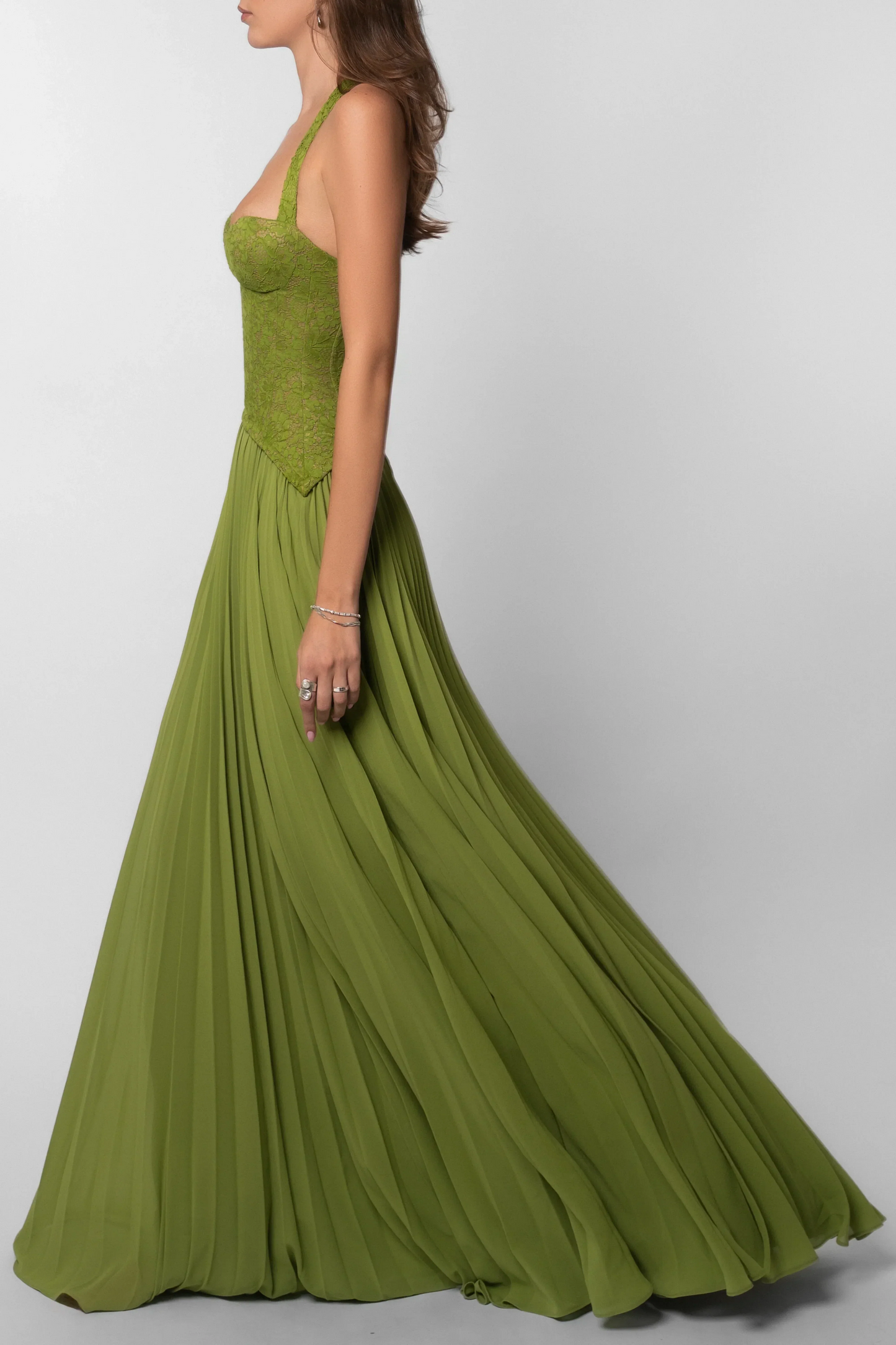 Mildred | Green Pleated Maxi Dress with Fitted Bodice