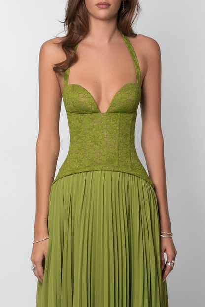 Mildred | Green Pleated Maxi Dress with Fitted Bodice