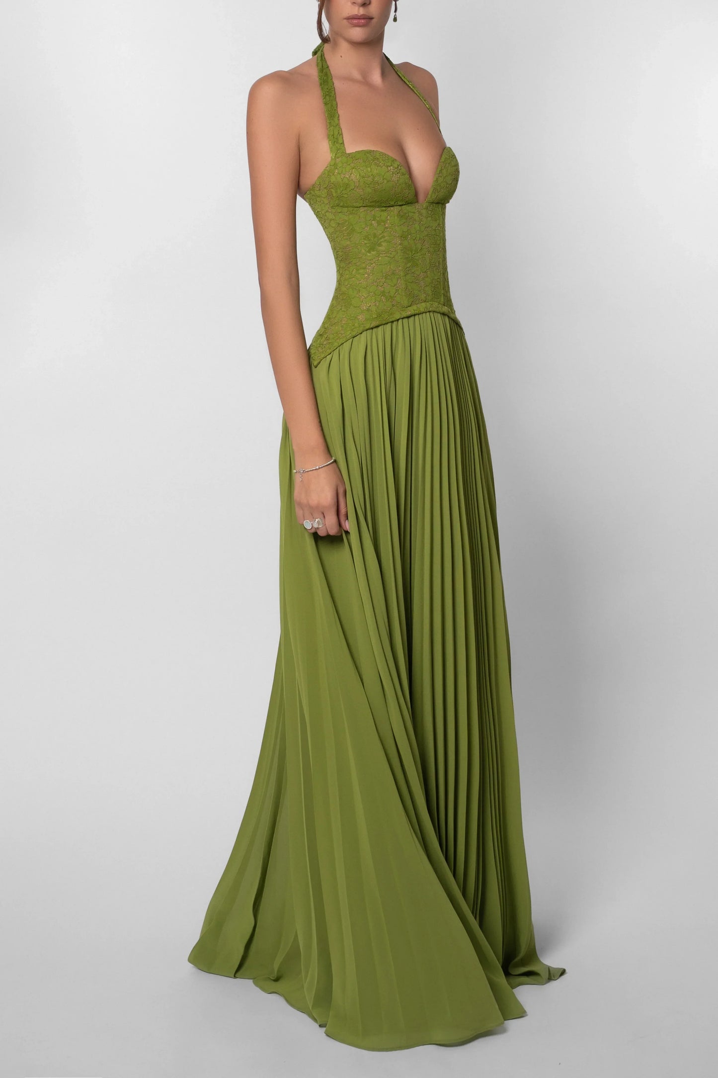Green pleated maxi dress side view