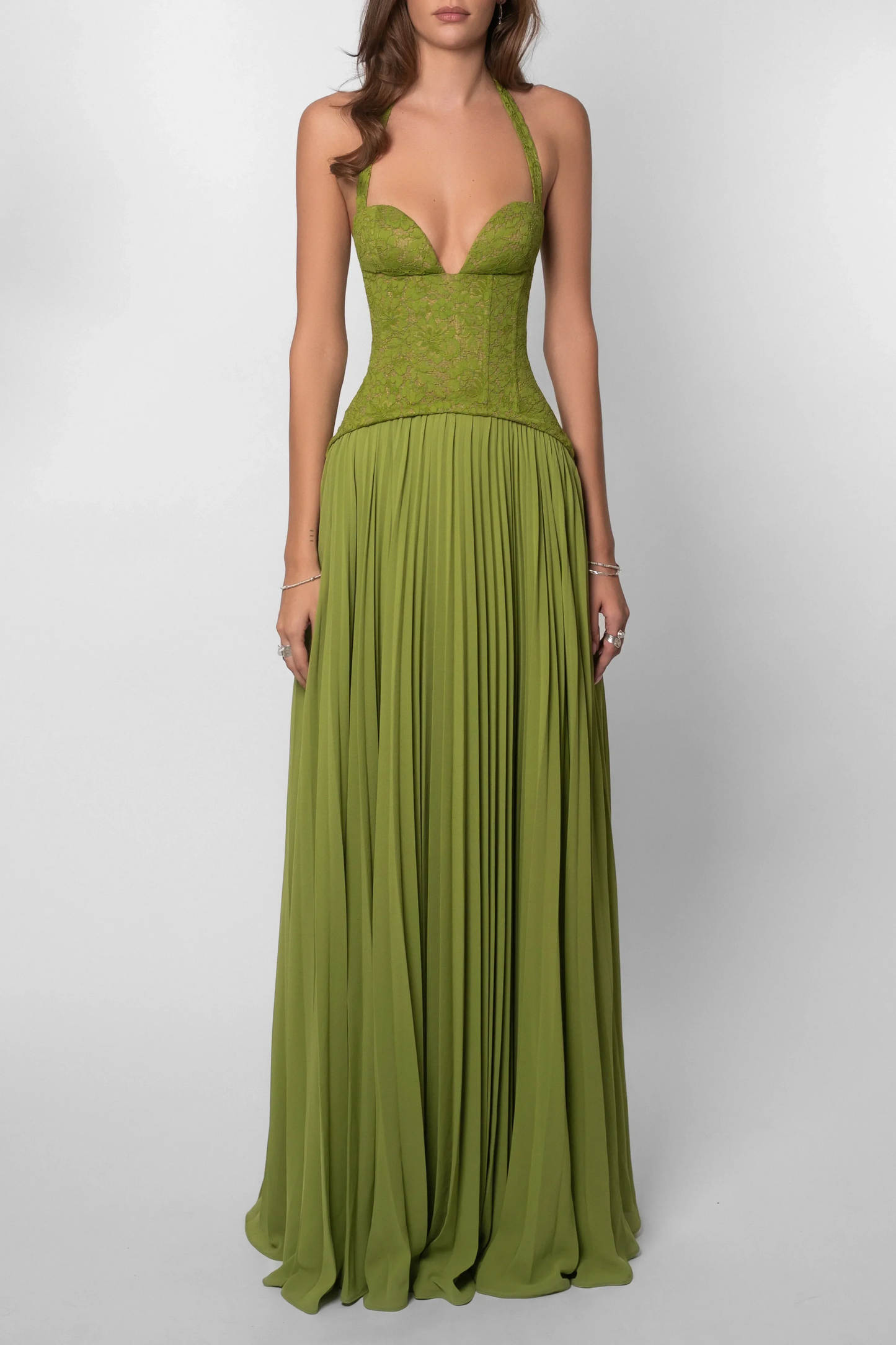Green pleated maxi dress for weddings