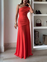 Red one-shoulder ruched maxi evening dress