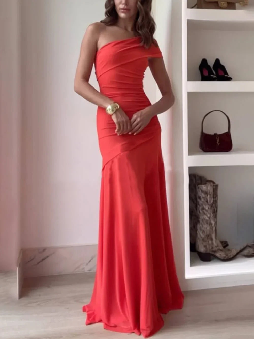 Red one-shoulder ruched evening dress