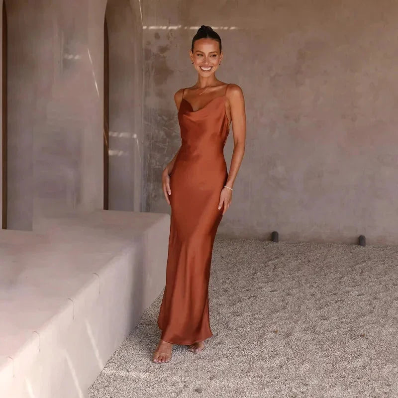 Sleeveless satin maxi evening dress