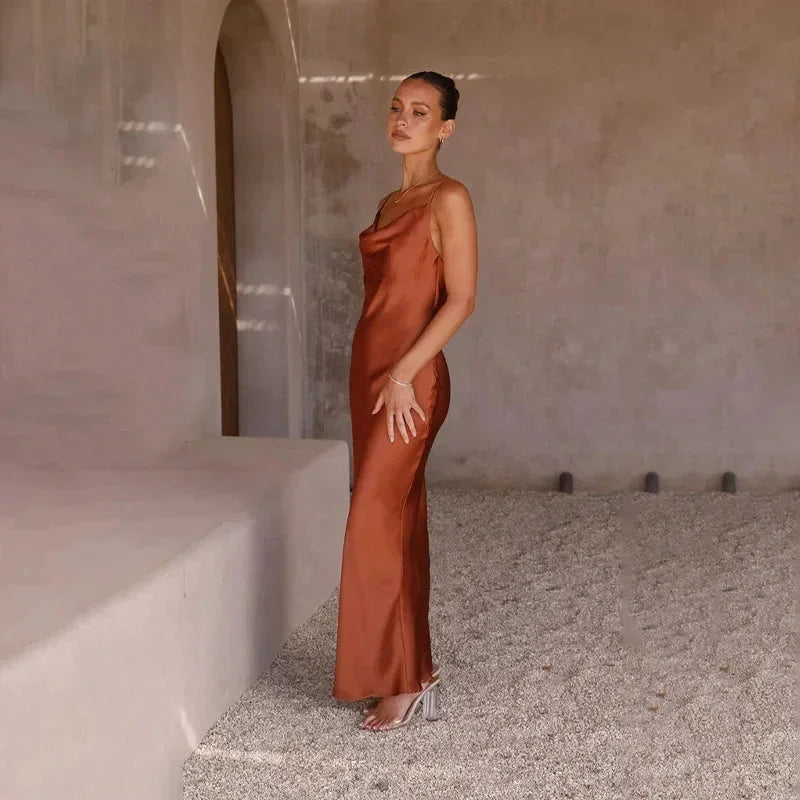 Satin cowl neck maxi dress in varied colors