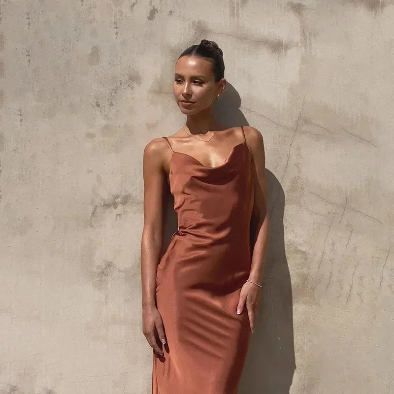 Satin cowl neck maxi dress front view