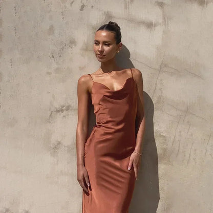 Satin cowl neck maxi dress front view