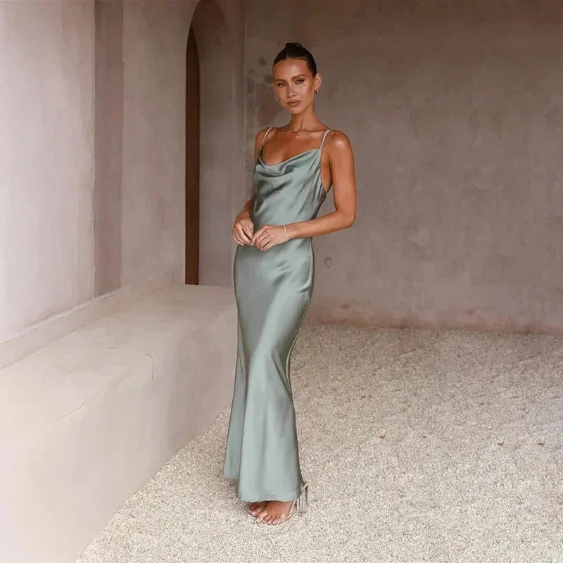 Elegant satin cowl neck maxi dress