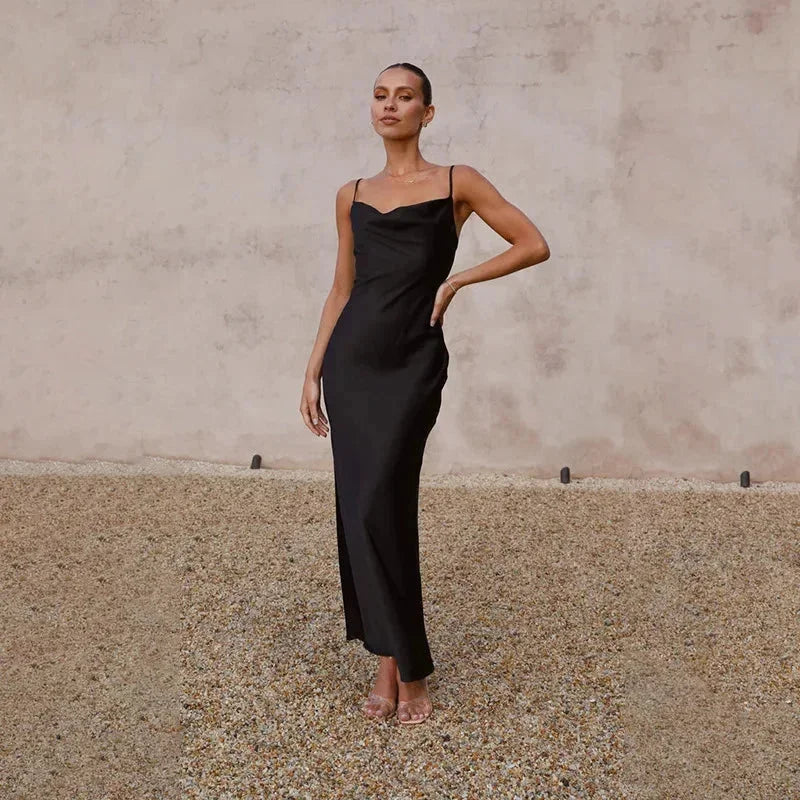Wilhelmina | Satin Cowl Neck Sleeveless Maxi Dress
