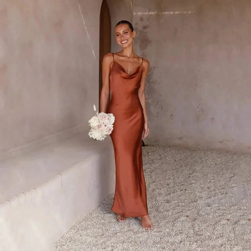 Satin cowl neck sleeveless maxi dress