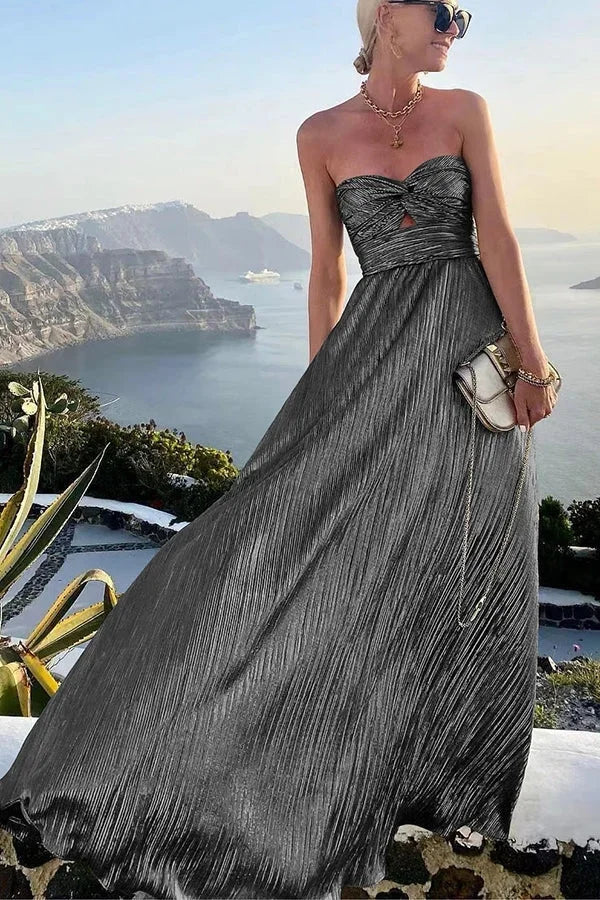 Strapless shiny pleated maxi dress