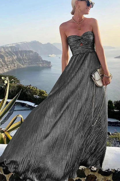 Strapless shiny pleated maxi dress