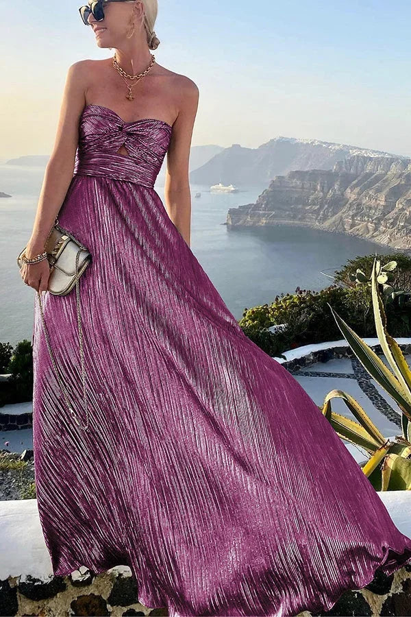 Maureen | Strapless Pleated Shimmer Maxi Dress