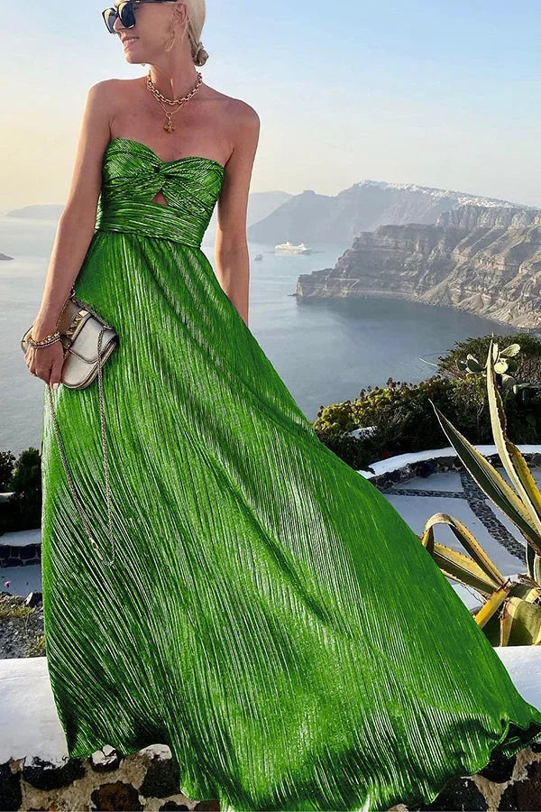 Maureen | Strapless Pleated Shimmer Maxi Dress