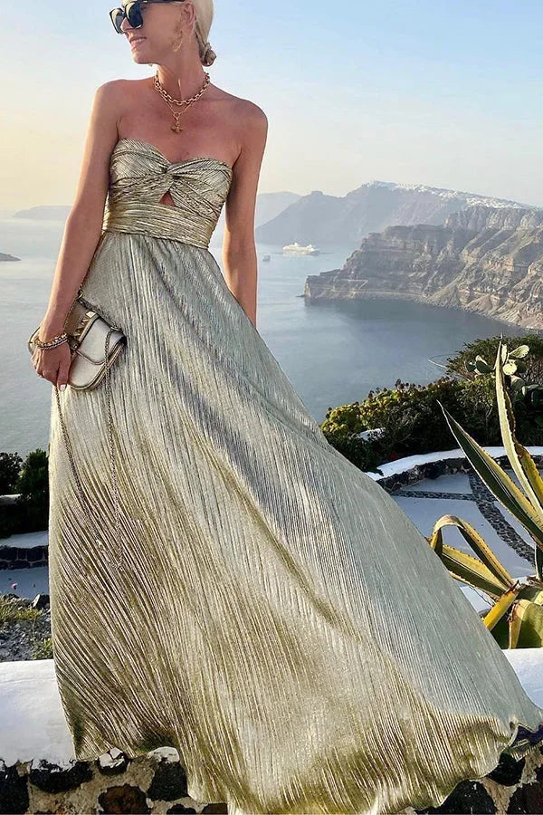 Strapless shimmer maxi dress with bow
