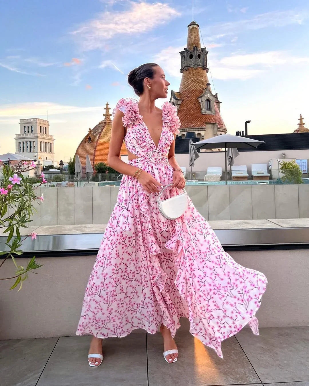 Pink floral sleeveless maxi dress