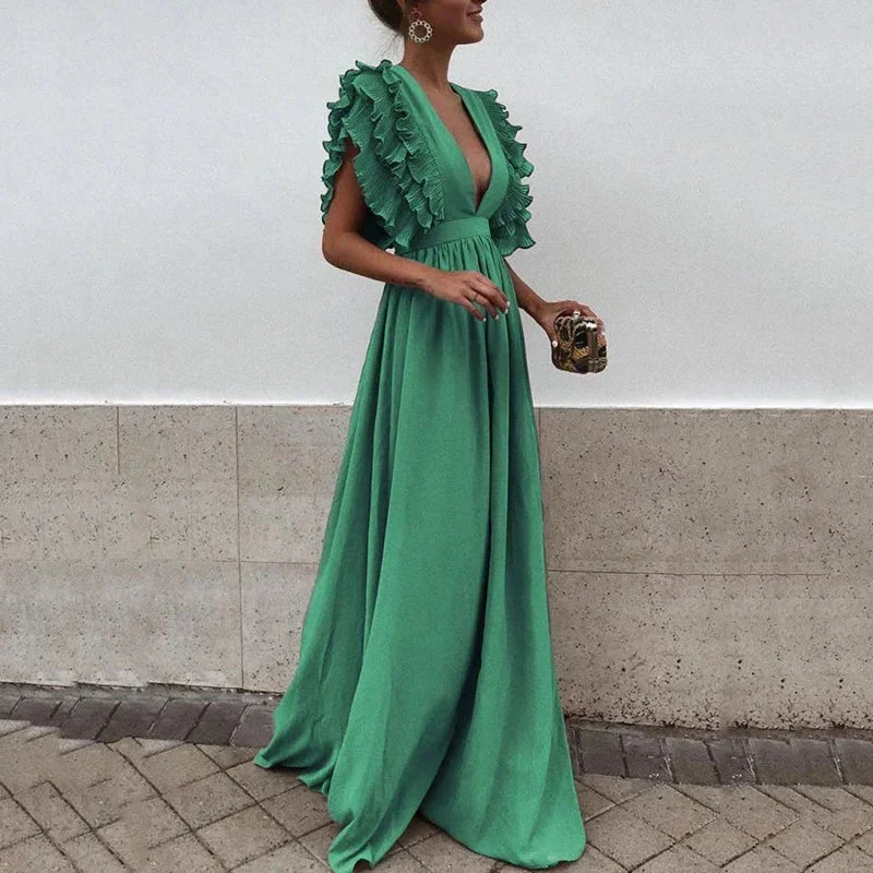 Flowing maxi dress with flutter sleeves front view